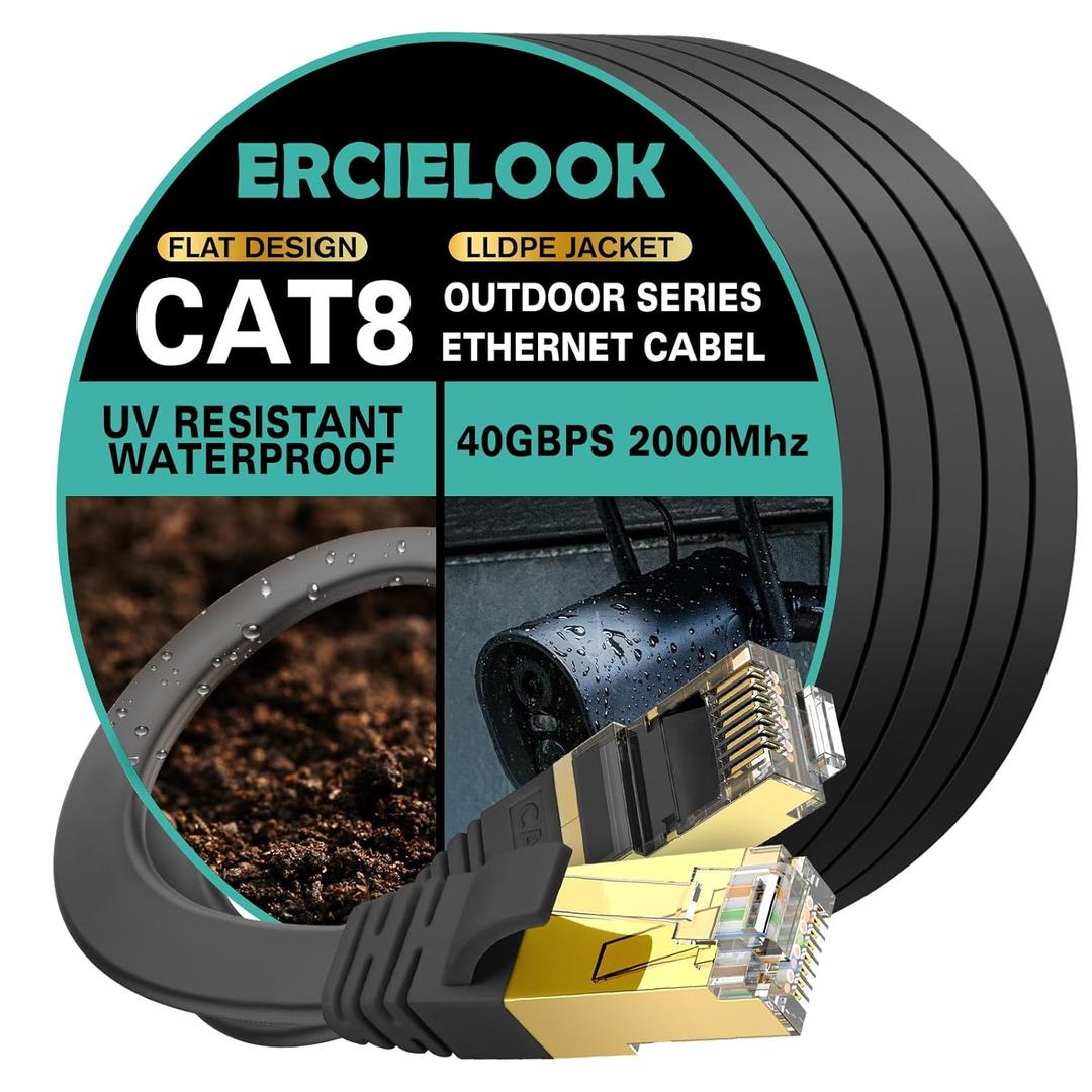Ercielook CAT8 Ethernet Cable 100 ft High Speed, Shielded Flat Internet Cable with Clips, Weatherproof S/FTP UV Resistant for Router/Gaming/Modem - Black 30 M