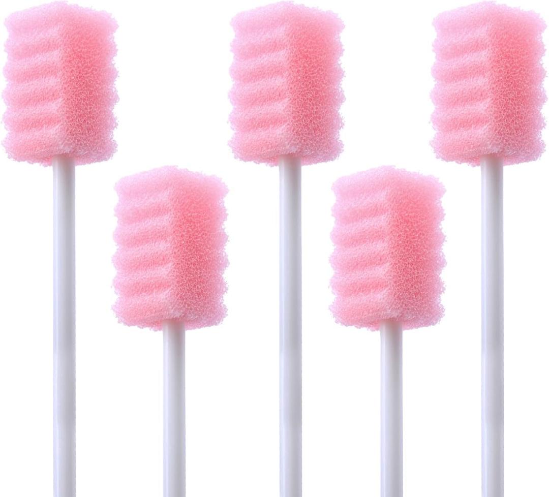 100 Pcs Disposable Mouth Swabs Sponge, BVN Oral Swabs, Oral Care Swabs Disposable, Mouth Swabs, Unflavored and Sterile Disposable Dental Swabsticks for Mouth Cleaning, Sawtooth-Shaped Pink
