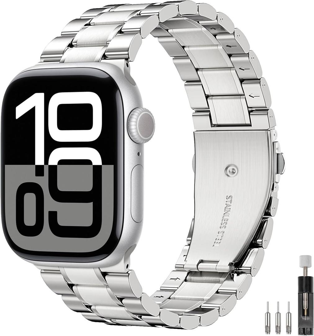 MoKo Metal Bands for Men Women Compatible with Apple Watch Ultra 3/2/1 49mm,S11/S10 46mm,9/8/7 45mm,SE3/SE2/SE/6/5/4 44mm,3/2/1 42mm,Adjustable Stainless Steel Strap Business Replacement Wristband (Silver)