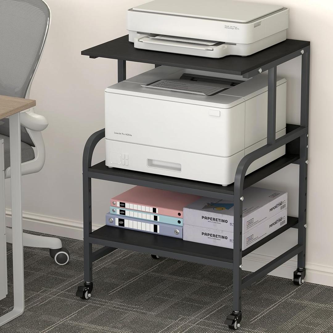 Black Printer Stand, Large Printer Table with Wheels, 32.48 X 22.05 X 18.9 Home Office Rolling Stand with Adjustable Shelf, Heavy Duty Printer Cart for Scanner, Fax, Black Ebony