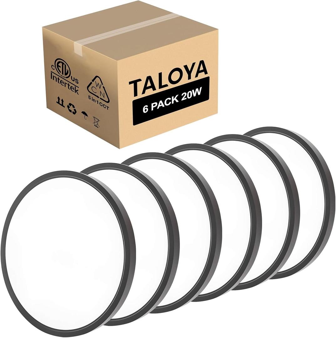 TALOYA Black 6 Pack Led Ceiling Fixture Flush Mount for Kitchen Living Room Garage Foyer, 3000K/3500K/4000K/5000K/6500K 5-in-1 CCT Selectable, 12 Inch 20W Ultra-Thin Surface Mounted Light Fixture