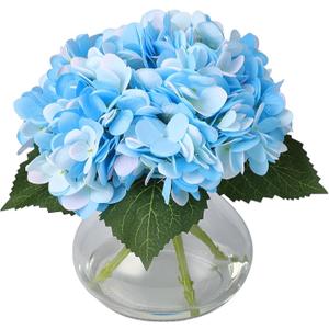 Artificial Hydrangea Flowers with Glass Vase & Fake Water - Faux Hydrangea for Home Table, Wedding Party, Office Decor | Realistic Fake Hydrangeas, Silk Flowers for Vase Arrangement(Hydrangea, blue)