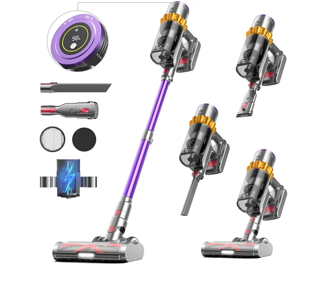Cordless Vacuum Cleaner, 550W/45Kpa/70Mins Vacuum Cleaners for Home, Stick Vacuum Cordless with Low Noise, LED Screen, Wall Mount Charging,1.6L Dust Cup, Rechargeable Vacuum Pet Hair/Carpet/Hardfloor