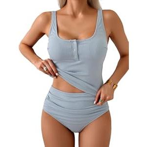 B2prity Women's Athletic Tankini Swimsuits Two Piece Adjustable Button-Up Bathing Suit Full Coverage High Waisted Swimwear, S