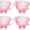 Vintage Glass Coffee Mugs with Handle-14 oz Pink Embossed Glass Cups for Cappuccino, Latte, Cereal, Yogurt, Tea, Milk (4)