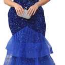 dasmzper Women Sexy Sleeveless Sequin Mesh Patchwork Maxi Dress Plus Size Sling Cocktail Party Formal Gowns (Blue). 5XL