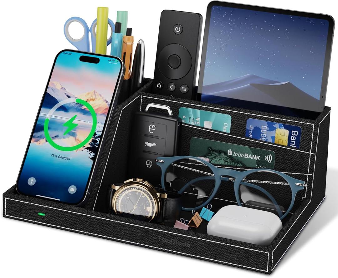 TopMade Wireless Charger Desk Nightstand Organizer, Leather Pen Holder Office Supplies Desk Accessories Fast Charging Station, Remote Control Holder, for iphone Charger Stand Gifts for Men (Black)