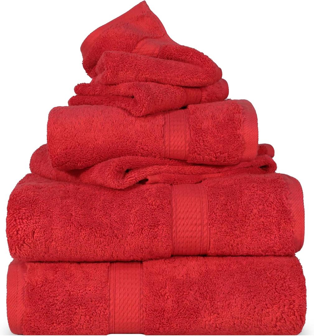 Superior Egyptian Cotton Pile 6 Piece Towel Set, Includes 2 Bath, 2 Hand, 2 Face Towels/Washcloths, Ultra Soft Luxury Towels, Thick Plush Essentials, Guest Bath, Spa, Hotel Bathroom, Red