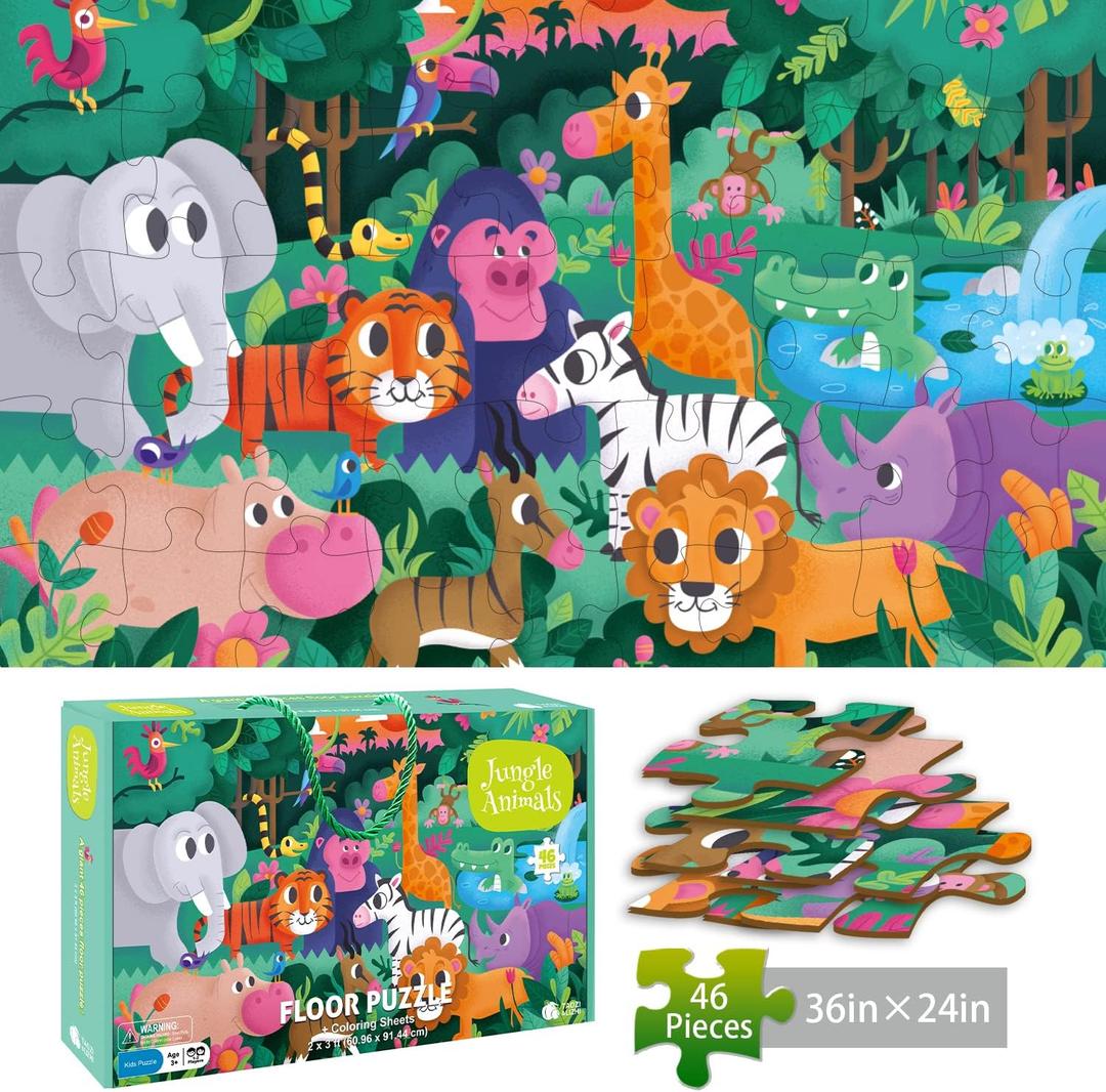 TAOZI&LIZHI Puzzles for Kids Ages 4-6, 6-8, Jungle Animals Toddler Puzzle Age 2-4, Jigsaw Floor Puzzles for Kids Ages 3-5, Puzzles Gifts Toys for Boys Girls Children (46 pcs, 2 x 3 feet)