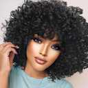 Curly Wigs for Black Women Short Curly Wig with Bangs Soft Big Bouncy Fluffy Small Curls Heat Resistant Synthetic Wig for Daily Party Use (Natural Black, 14Inch)