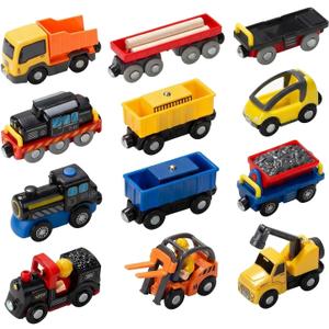 Giant bean 12Pcs Vehicles Battery Operated Train Car Set, Magnetic Mini Construction Set for Wooden Train Track, Bulk Car Toys for Toddlers Boys Girls Kids 3 4 5, Fits for Most Brands