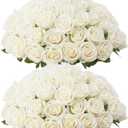 50 PCS Fake White Roses, Artificial White Flowers Bulk Realistic Silk Faux Roses with Stems for Wedding Decorations Table Centerpieces Bridal Bouquet DIY Floral Arrangement Event Party Home Decor