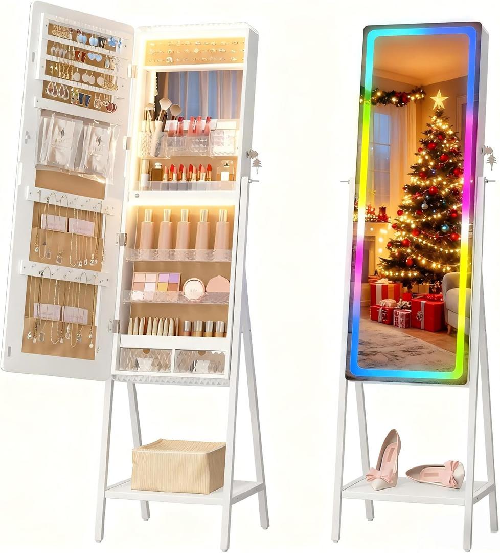 LVSOMT LED Mirror Jewelry Cabinet, Lockable Jewelry Armoire Cabinet Standing, Large Full-Length Mirror with Jewelry Storage, LED Lighted Floor Mirror, 14 RGB Lights, Christmas Gifts, White