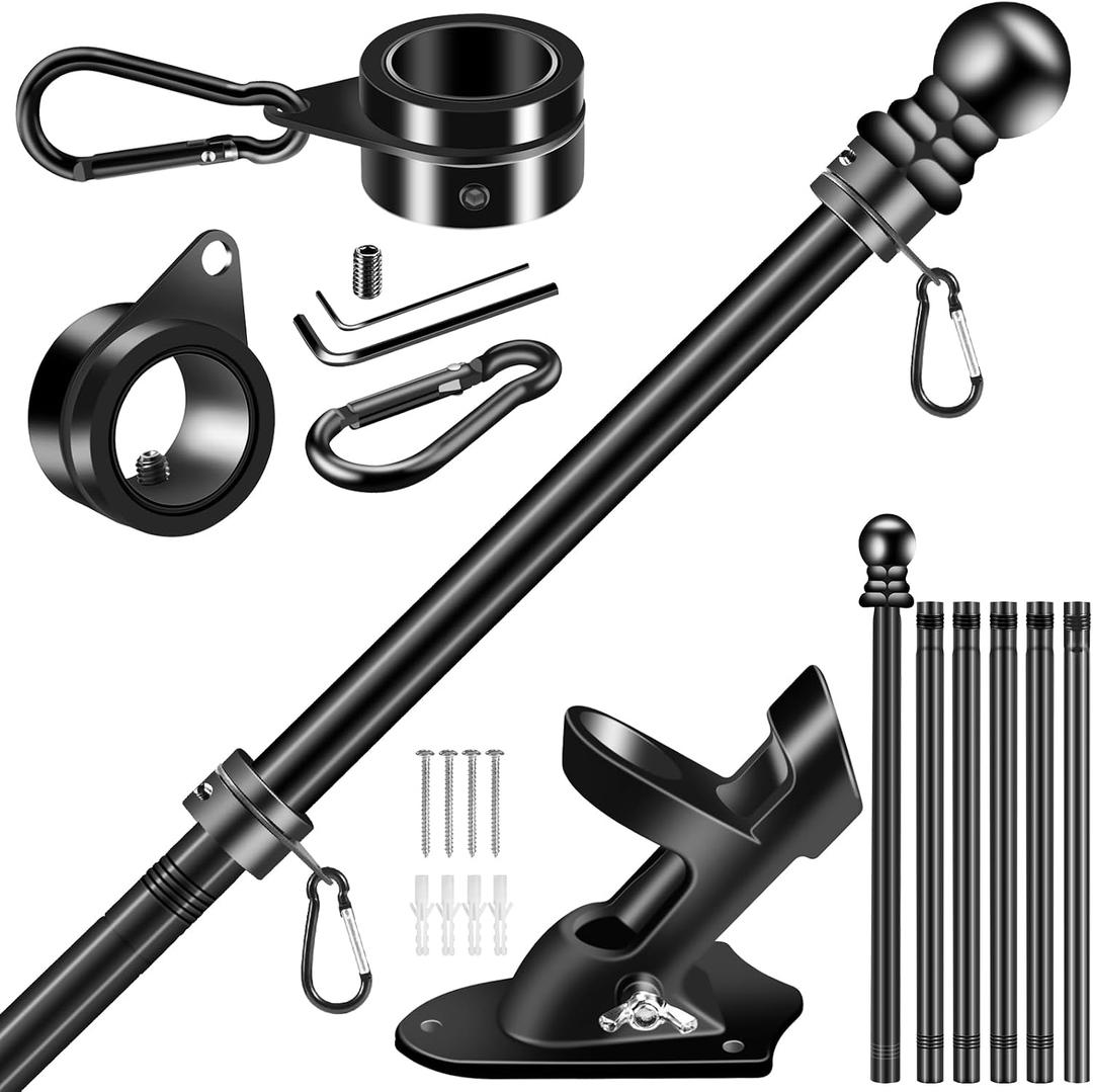 BONWIN Black Flag Pole Kit for Outside House, 7 FT Thickened Stainless Steel Wall Mount Flagpole for 3x5'/4x6' Flag, 1" Anti-Wrap Spinning Flag Ring Clips & 2-Position Bracket Holder for Porch Yard
