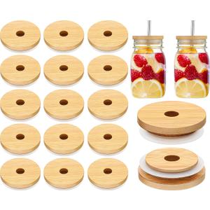 Cunhill 20 Pieces 70mm Bamboo Jar Lids Bulk with Straw Hole for Glass Cups Reusable Mason 2.76 Inch Wooden Lids with Silicone Ring for Beer Can Cups Regular Mouth Drinking Jars