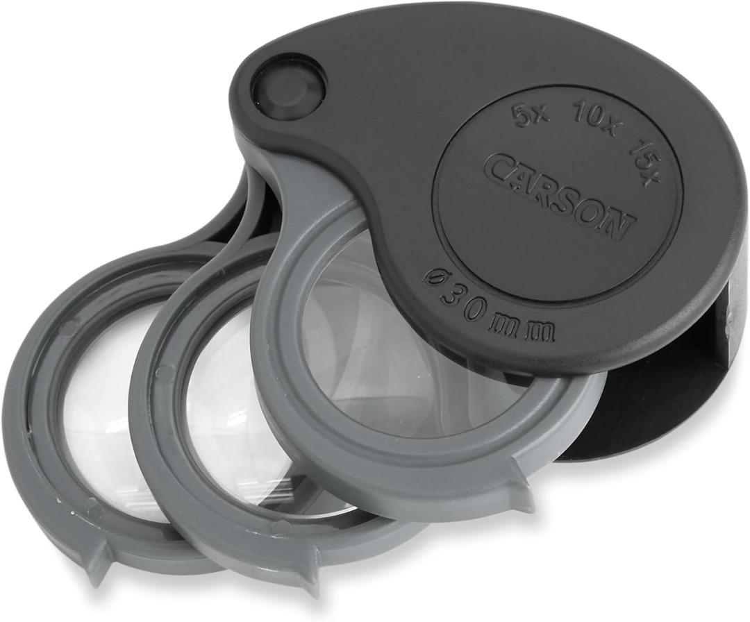Carson TriView 5x/10x/15x Folding Loupe Magnifier with Built-in Case, 3-in-1 Portable Loupe Magnifying Glass - Adjustable Magnification, Great for Jewelry (TV-15)