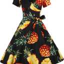GOOBGS Women's 1950s Vintage Puff Sleeves Cocktail Rockabilly Swing Retro Dress with Pockets New (Medium, Black Pineapple)