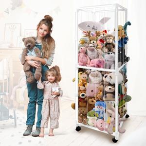 Stuffed Animal Storage Zoo with Wheels, Large Stuff Animals Plushies Holder Toy Organizer Kids Plush Storage Cage PVC with Elastic Band and Net for Nursery Playroom Corner for Toddler Boys Girls (67inch, White)