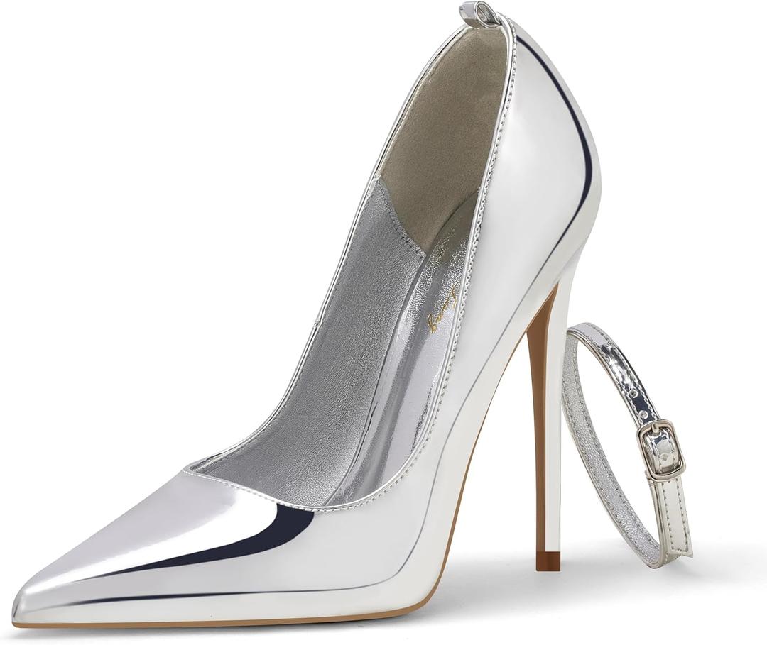 Elisabet Tang Women's Pumps Closed Pointed Toe Heels with Ankle Strap Slip on Stiletto High Heels 5 Inch for Wedding Party Sexy Dress Shoes (7, Silver Patent Leather)