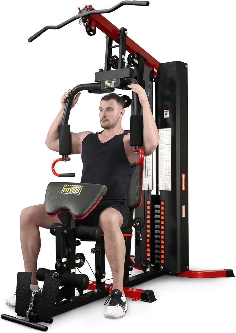 Fitvids Home Gym Equipment, Multifunctional Full Body Workout Weight Machine Station with Weight Stack, All in One Exercise Equipment with Pulley System & Seated Rowing for Home Gym Strength Training (Black)