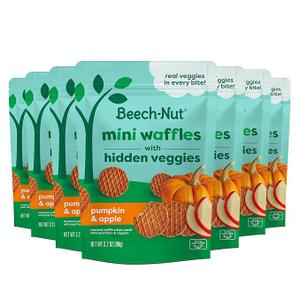 Beech-Nut Toddler Snacks, Mini Waffles with Hidden Veggies, Pumpkin Apple Cinnamon, Non-GMO, 3.2 oz Bag (7 Pack) Best Before June 5, 2027