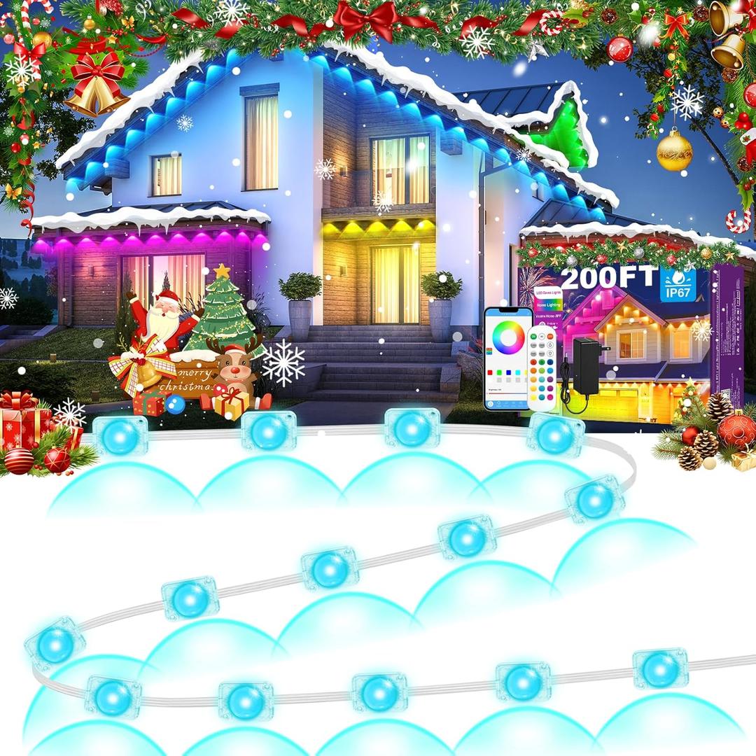 MUCCCUTE Permanent Outdoor Lights for Christmas 200ft RGB House Lights w/App & Remote Control Smart Rainbow LED IP67 Waterproof for Holidays New Year Roof Eaves Garden Dcor All Year Around