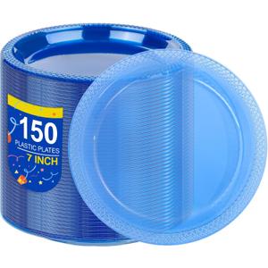 WELLIFE Neon Blue Party Plates 7 Inch -150 Count, Translucent Blue Disposable Plastic Dessert Plates for Neon Party Dessert Cake Appetizer Baby Shower