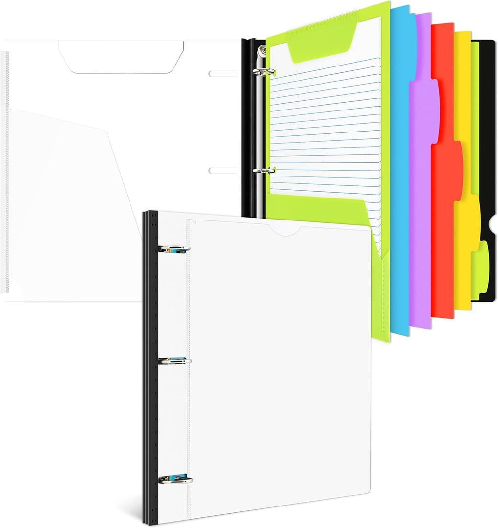 INFUN All-in-one Telescoping Binder Notebook, Refillable 3 Ring Notebook Binder with 1 Plastic Movable Pocket Folder,5 Plastic Subject dividers and Graph Paper and College Ruled Paper-White