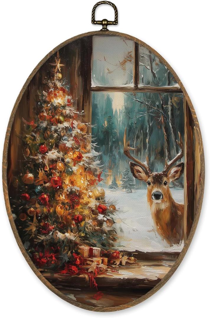 KVEKVE Vintage Winter Oval Framed Wall Art, Winter Rustic Farmhouse Decor,Farmhouse Xmas Cozy Snowy Hanging Canvas Prints Birthday Gifts For Women,Housewarming Gifts,Bedroom Living Room