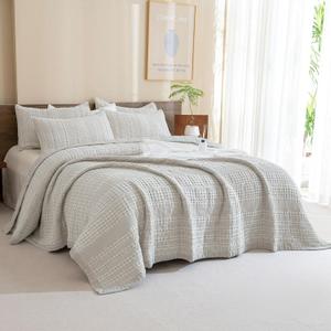 Sanracie Cotton Quilt Set King Size(110"x98"), Khaki Waffle Quilted Bedspread Sets,3Pcs Soft Lightweight King Quilt Bedding Set,Farmhouse Coverlet Quilt Set Shabby Vintage Chic Bedding Set