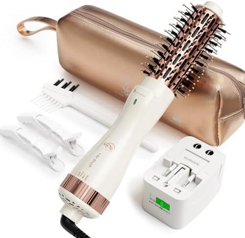 1.5 Inch Barrel (2.8’’ Plus Bristles) Dual Voltage(110~250V) Round Brush Blow Dryer, Hair Dryer Brush with European Plug Adapter, 4-in-1 Negative Ionic One Step Volumizer Dryer
