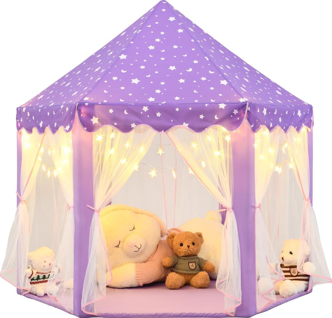 Purple Princess Tent for Girls, Kids Play Tent with LED Small Star Lights, Castle Playhouse Tent for Children Toddlers Indoor Outdoor Games, 5553 Inches