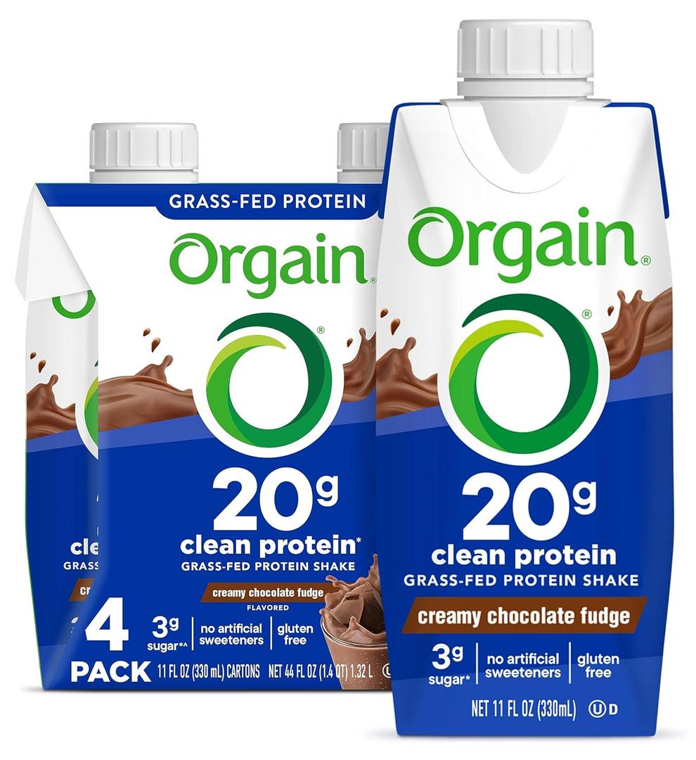 Orgain Clean Protein Shake, Grass Fed Dairy, Creamy Chocolate Fudge - 20g Whey High Protein, Kosher, Ready to Drink, Low Net Carbs, Gluten Free, No Soy Ingredients, 11 Fl Oz (Pack of 4) (EXP 08/16/26)