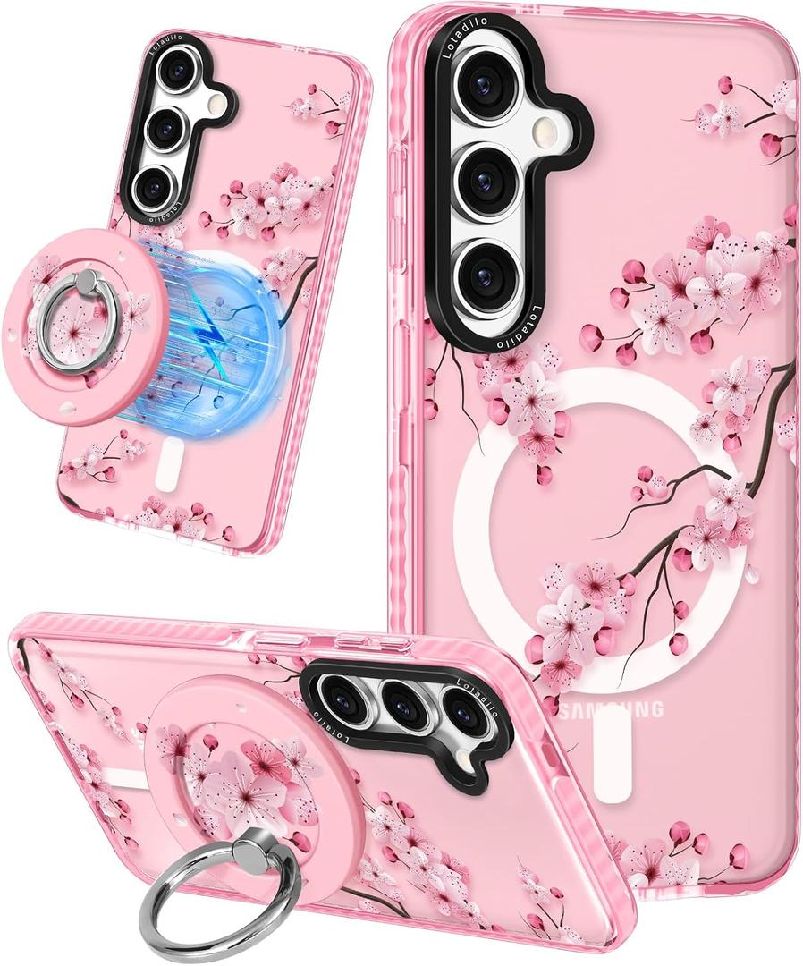 Lotadilo for Samsung Galaxy S24 Case for Women - Girls Cute Design Compatible with Magsafe Magnetic Ring Holder Stand Peach Blossom Phone Covers Aesthetic Girly TPU Funda for S24