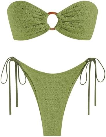 ZAFUL Women's Bandeau Bikini Strapless O Ring Lace Tie Back High Cut Two Piece Swimsuit Bathing Suits.M