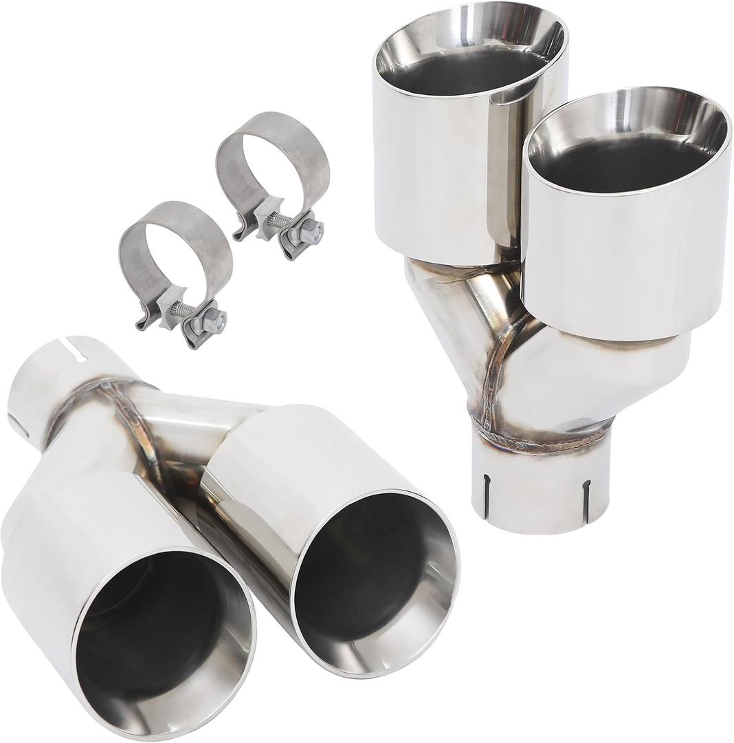 2.5" Dual Exhaust Tip 2.5 inch Inlet 3.5 inch Outlet 9.5 inch Overall Length Stainless Steel Double Wall Angle Cut Exhaust Tip with Clamp,2-Packs(Left and Right)