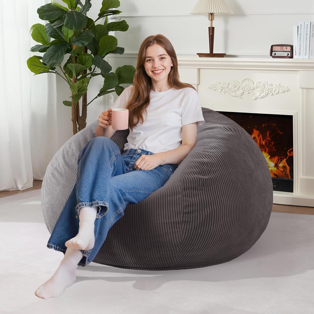 Homguava 3FT Bean Bag Chair: Teardrop Bean Bags with Memory Foam Filled, Compact Beanbag Chairs Soft Sofa with Corduroy Cover (Grey) (Large)