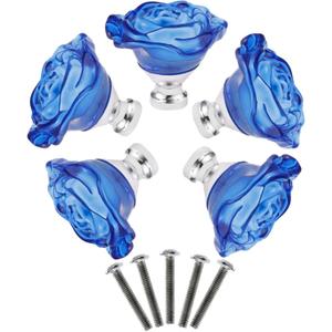 Yetaha Blue Crystal Drawer Knobs, 5PCS Rose Shape Glass Handles Flower Decorative Cabinet Pulls for Dresser Cupboard Bathroom Furniture Hardware Decoration, with Screws