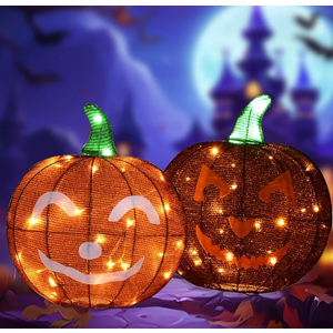 Halloween Decorations Outside Lighted Pumpkin - HOYECHI Outdoor Halloween Decor 2 Pumpkins 1.5FT, Light Up Pumpkin with 62 Led Lights, Ground Stakes, for Front Yard Porch Gardens Lawns Party, Black and Orange 