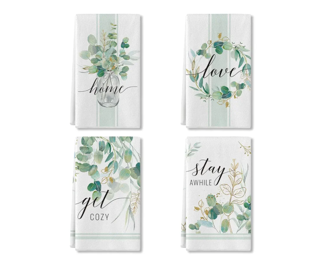 Artoid Mode Eucalyptus Get Cozy Love Home Kitchen Towels, 18 x 26 Inch Holiday Spring Summer Wedding Daily Fingertip Towel Tea Bar Hand Drying Cloth Kitchen Bathroom Gift Set of 4