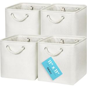 OrganiHaus 11x11 Cube Storage Bins 4 Pack, Foldable Cube Storage Organizer w/ Rope Handles, Collapsible Fabric Bins for Toys, Clothes & Closet Organization, Fabric Square Baskets - Off-White