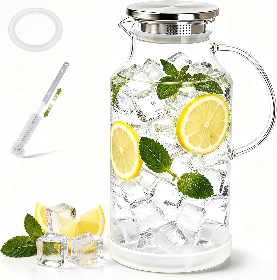 1 Gallon/3.8L Glass Pitcher with Lid, Extra Large Water Carafe Jug, Borosilicate Glass Iced Tea Pitcher, Glass Water Pitcher with Silicone Base, Leak-proof Ring & Cleaning Brush Included (Transparent) (EXP 12/31/36)
