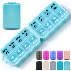Foldable Weekly Pill Organizer 2 Times a Day with 2 Extra Compartments (Clear Printed Labels) - Portable 7 Day AM PM Medicine Box, Week Daily Travel Pill Case Holder for Vitamin, Supplement - Sky Blue