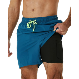 SILKWORLD Mens Swimming Trunks with Compression Liner 2 in 1 Quick-Dry Swim Shorts with Zipper Pockets, L, Blue