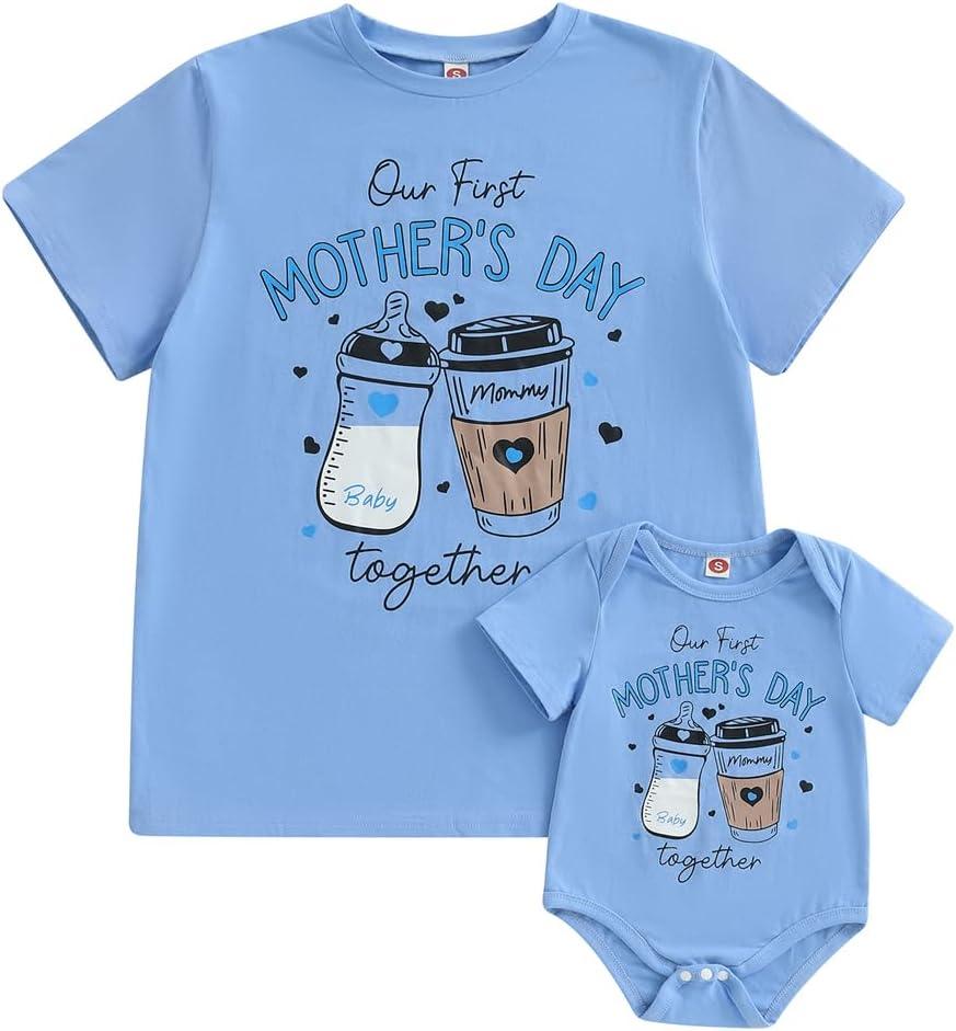 Canis Our First Mothers Day Together Mommy and Me Matching Outfit Short Sleeve Mom T-shirt Baby Bodysuit Set (Blue Mom,XXL)