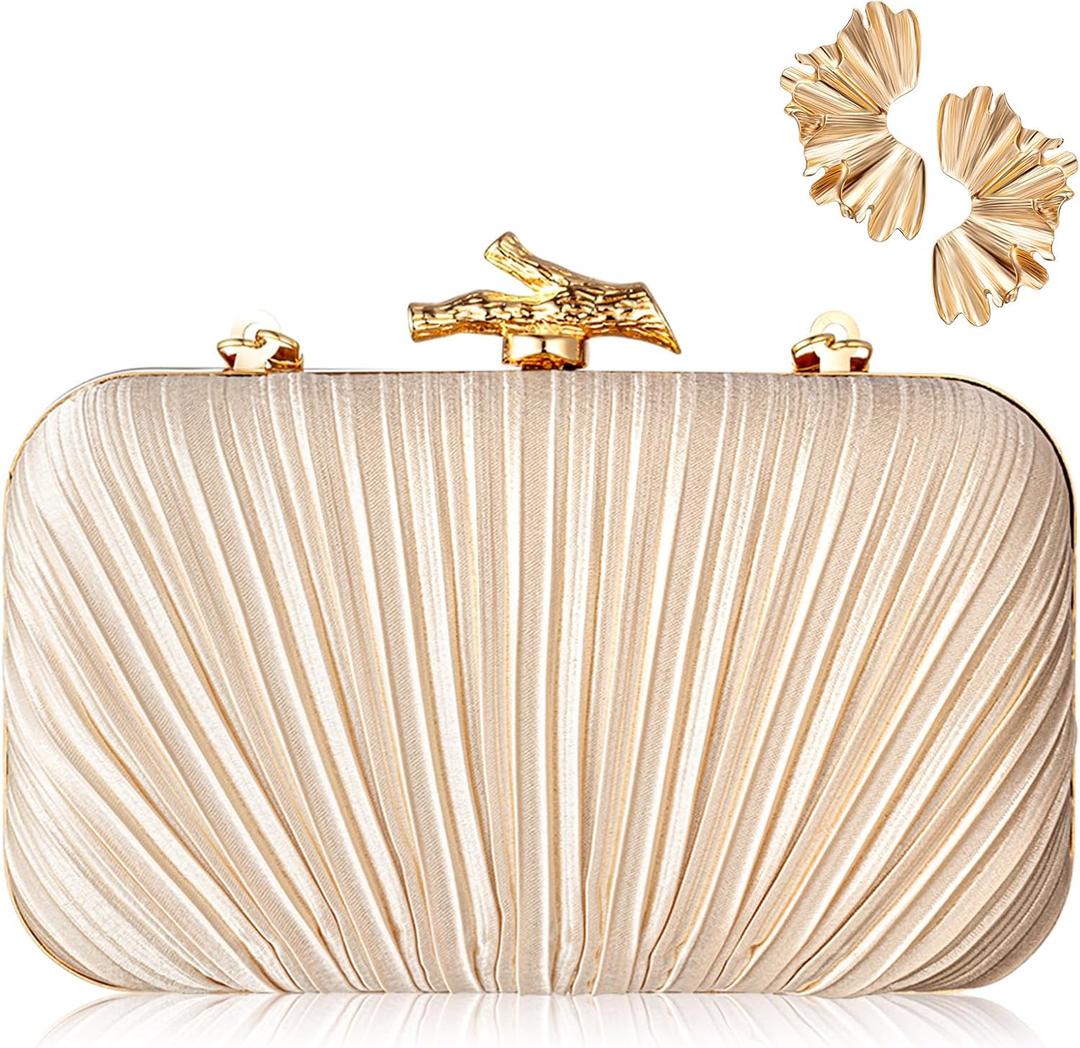 1 Set Gold Clutch Purses for Women Evening Bag Pleated with Ginkgo Leaf Earrings Clutch Gold Purse Handbag with Chain for Wedding Party Bridal 7.87 x 4.33 Inch