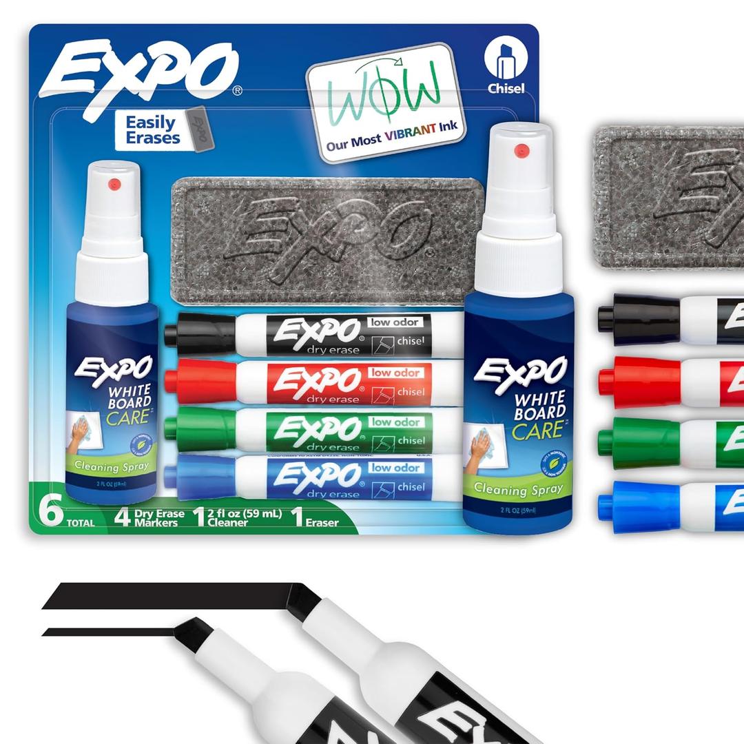 EXPO Dry Erase Markers Kit, Chisel Tip, Assorted Colors, Eraser, Spray Cleaner, 6 Count - Whiteboard, Calendar, Office Essentials, School, Classroom, Teacher Supplies