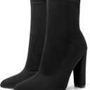 risdoada Women's Sock Boots Chunky Heel Ankle Booties Elastic Suede Pointed Toe Fall Winter High Heeled Mid Calf Boots (9.5, Black)