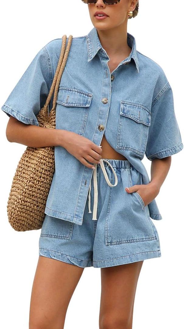 chouyatou Women's Summer Denim 2 Piece Outfits Short Sleeve Button Down Shirt Elastic Waist Wide Leg Shorts Matching Set (Blue, S)