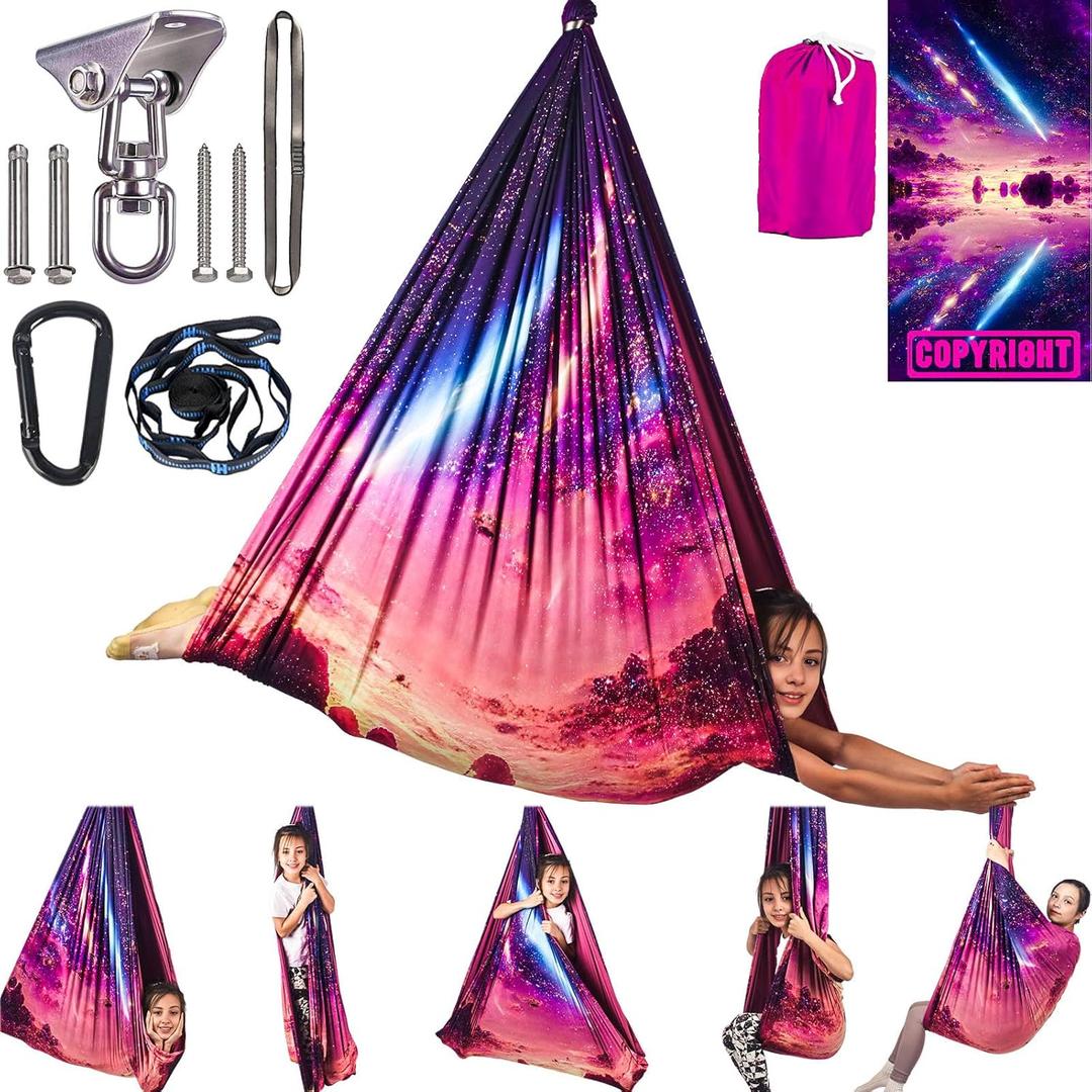 Sensory Swing for Kids Indoor & Outdoor Double Layer Therapy Cuddle Swing with 360 Swivel Hanger Kit Adjustable Swings for Child and Adult with Aspergers Autism (Fantasy Pink)